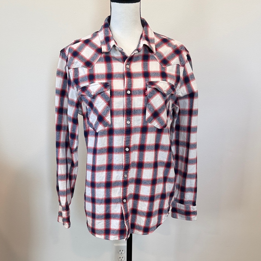 Levi's Western Pearl Snap Plaid Flannel Button Down Shirt Size Medium